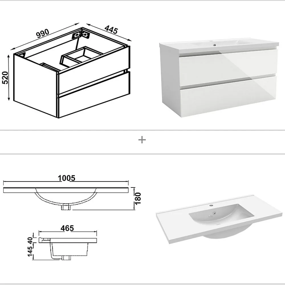 AICA Sanitaire Meuble salle de bain 100cm blanc brillant avec 2 tiroirs à fermeture automatique et simple lavabo céramique