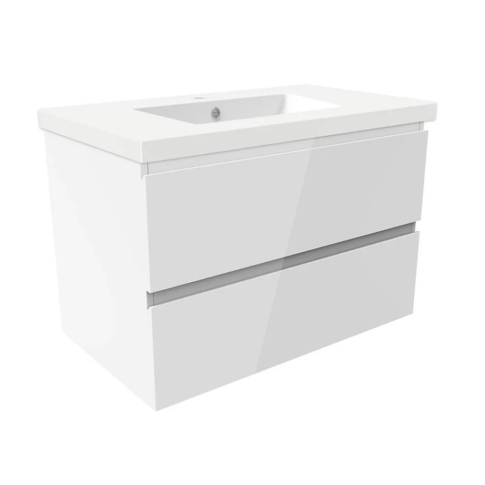 AICA Sanitaire Meuble salle de bain 80cm blanc brillant avec 2 tiroirs à fermeture automatique et simple lavabo