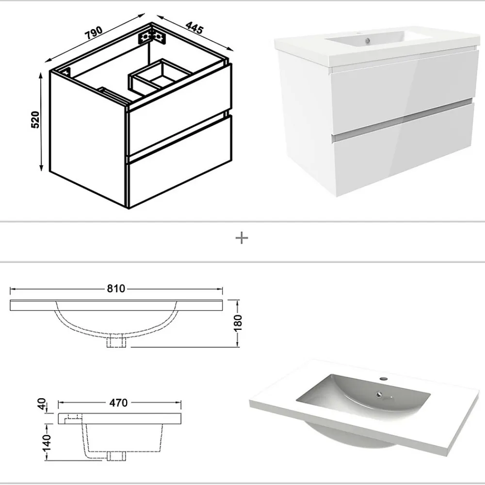 AICA Sanitaire Meuble salle de bain 80cm blanc brillant avec 2 tiroirs à fermeture automatique et simple lavabo