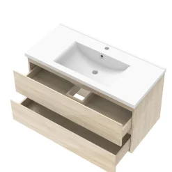 Meuble Vasque|AICA Sanitaire Meuble salle de bain 100cm Chêne Wotan brillant avec 2 tiroirs à fermeture automatique et simple lavabo céramique