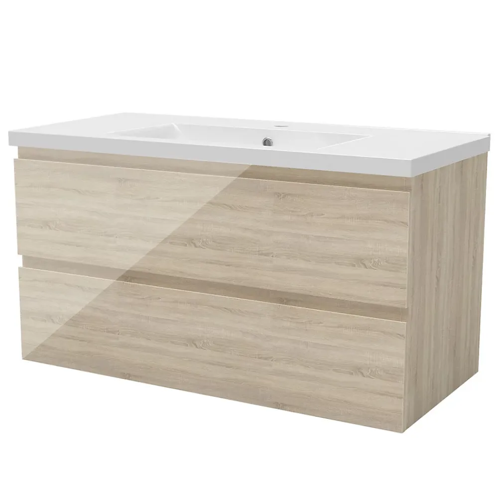 AICA Sanitaire Meuble salle de bain 100cm Chêne Wotan brillant avec 2 tiroirs à fermeture automatique et simple lavabo