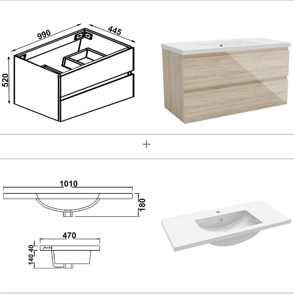 AICA Sanitaire Meuble salle de bain 100cm Chêne Wotan brillant avec 2 tiroirs à fermeture automatique et simple lavabo
