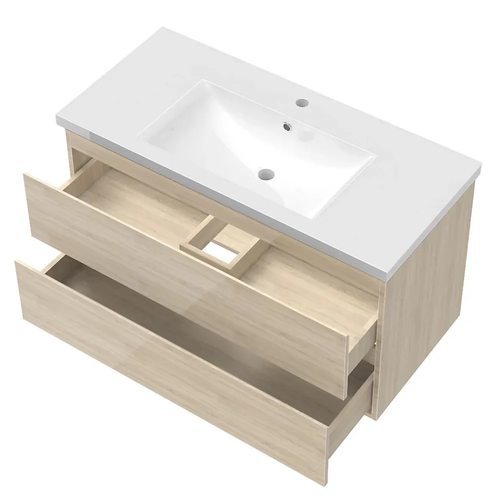 AICA Sanitaire Meuble salle de bain 100cm Chêne Wotan brillant avec 2 tiroirs à fermeture automatique et simple lavabo