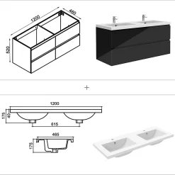 AICA Sanitaire Meuble salle de bain 120cm noir brillant avec 4 tiroirs à fermeture automatique et double lavabo