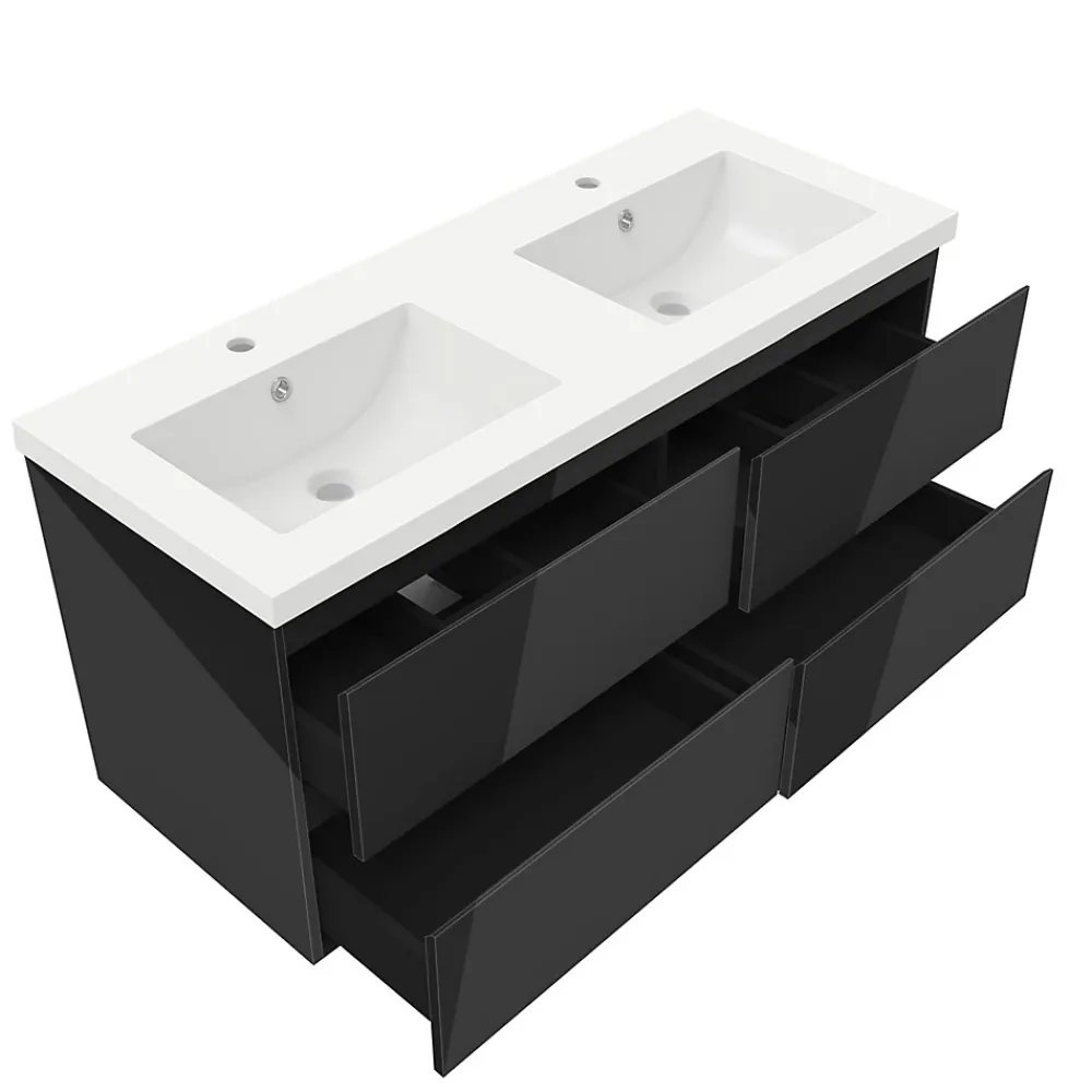 AICA Sanitaire Meuble salle de bain 120cm noir brillant avec 4 tiroirs à fermeture automatique et double lavabo
