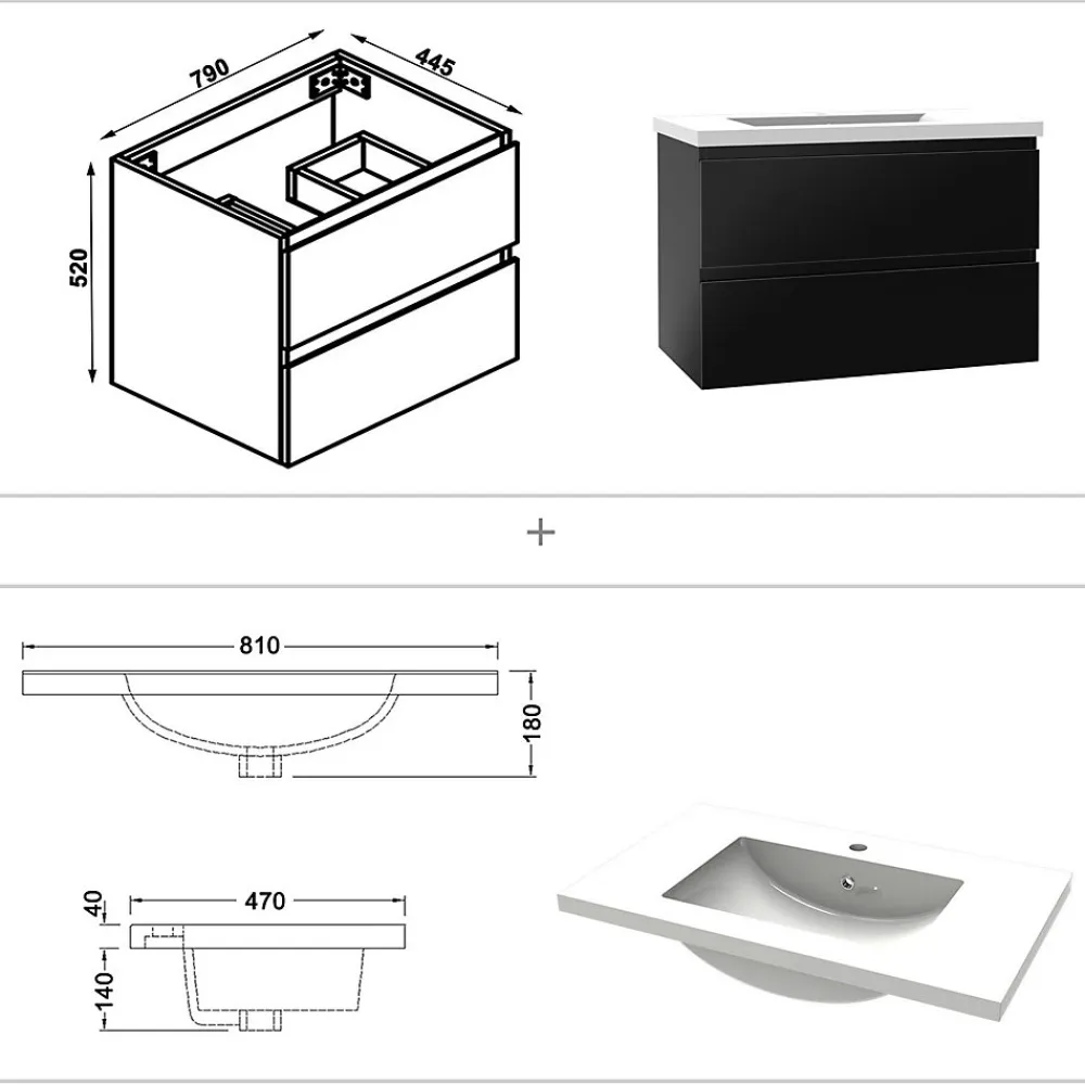 AICA Sanitaire Meuble salle de bain 80cm noir brillant avec 2 tiroirs à fermeture automatique et simple lavabo