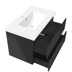 AICA Sanitaire Meuble salle de bain 80cm noir brillant avec 2 tiroirs à fermeture automatique et simple lavabo
