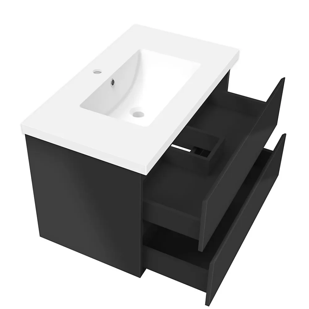 AICA Sanitaire Meuble salle de bain 80cm noir brillant avec 2 tiroirs à fermeture automatique et simple lavabo