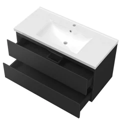 Meuble Vasque|AICA Sanitaire Meuble salle de bain 100cm noir brillant avec 2 tiroirs à fermeture automatique et simple lavabo céramique
