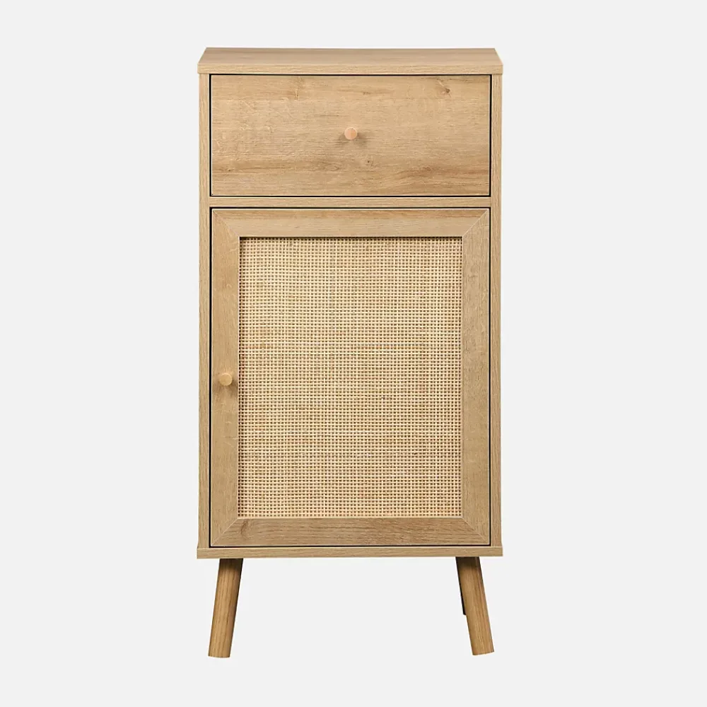 Sweeek Meuble salle de bain décor bois et cannage Bohème 1 tiroir 1 étagère 45 x 36 x 90 cm naturel