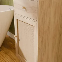 Sweeek Meuble salle de bain décor bois et cannage Bohème 1 tiroir 1 étagère 45 x 36 x 90 cm naturel