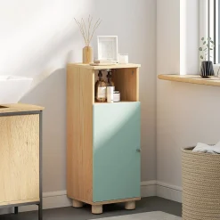 Armoire De Salle De Bains|Homcom Meuble salle de bain design nordique porte étagère niche effet bois clair vert d'eau
