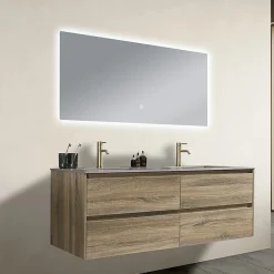 Luxury Bain Meuble salle de bain double vasque 140cm bois et effet marbre marron avec miroir LED LB-8475M-140