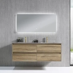 Luxury Bain Meuble salle de bain double vasque 140cm bois et effet marbre marron avec miroir LED LB-8475M-140
