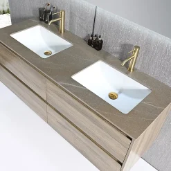 Luxury Bain Meuble salle de bain double vasque 140cm bois et effet marbre marron avec miroir LED LB-8475M-140