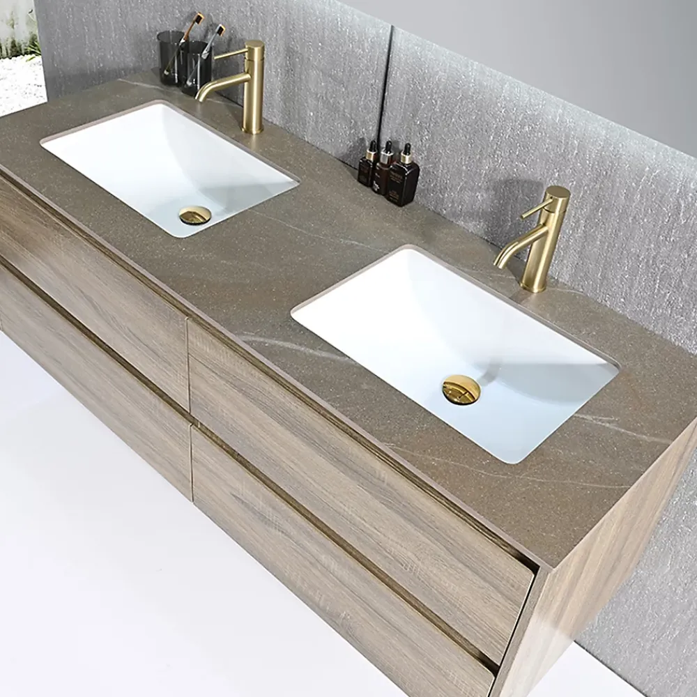 Luxury Bain Meuble salle de bain double vasque 140cm bois et effet marbre marron avec miroir LED LB-8475M-140