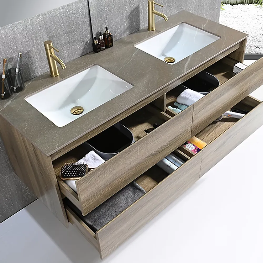 Luxury Bain Meuble salle de bain double vasque 140cm bois et effet marbre marron avec miroir LED LB-8475M-140