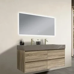 Luxury Bain Meuble salle de bain double vasque 120cm bois et effet marbre marron avec miroir LED LB-8476M-120