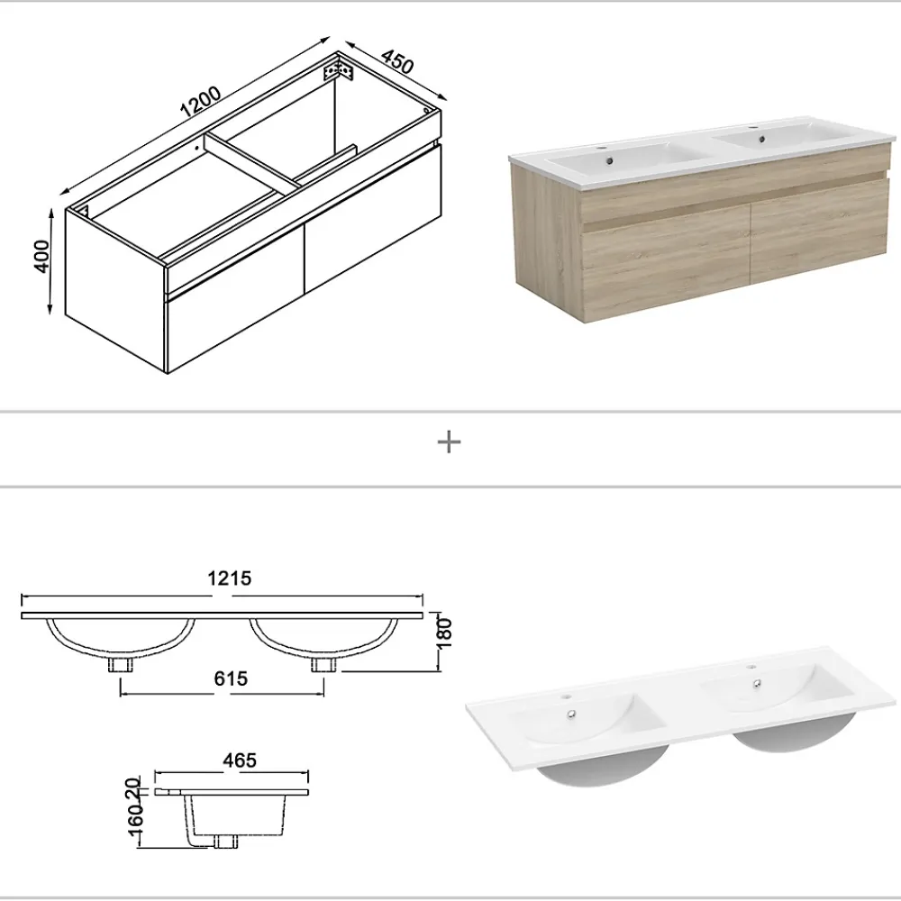 AICA Sanitaire Meuble salle de bain double vasque 120cm meuble + miroir Chêne Wotan