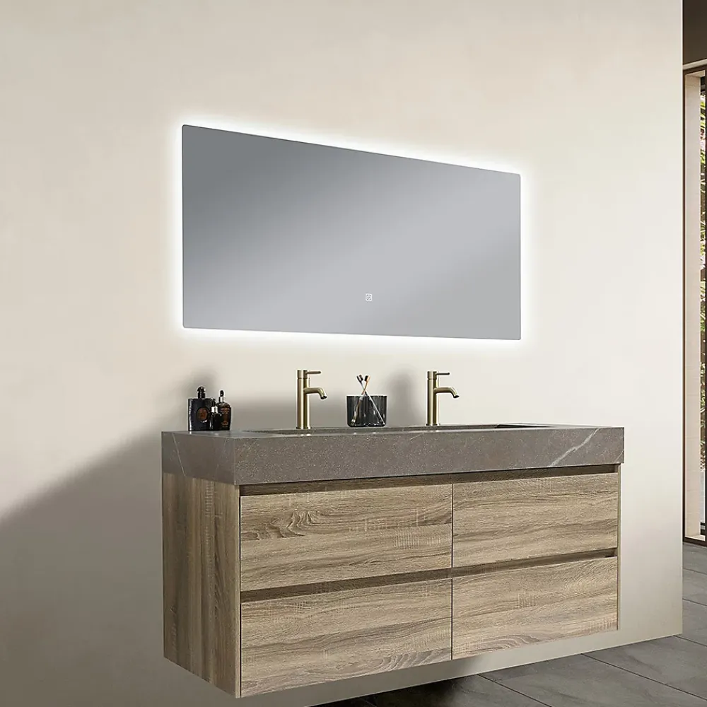 Ensemble Meuble De Salle De Bains|Luxury Bain Meuble salle de bain double vasque 140cm bois et effet marbre marron avec miroir LED LB-8476M-140