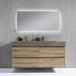 Ensemble Meuble De Salle De Bains|Luxury Bain Meuble salle de bain double vasque 140cm bois et effet marbre marron avec miroir LED LB-8476M-140