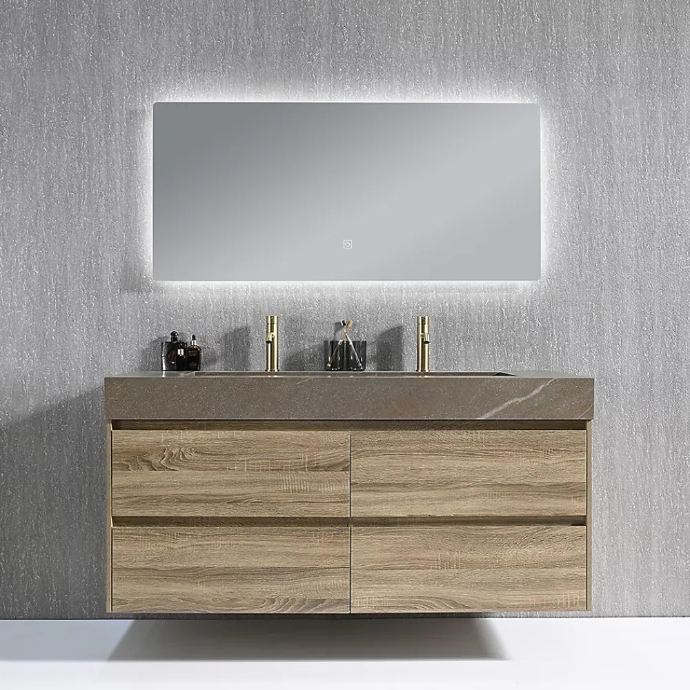 Ensemble Meuble De Salle De Bains|Luxury Bain Meuble salle de bain double vasque 140cm bois et effet marbre marron avec miroir LED LB-8476M-140