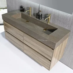Ensemble Meuble De Salle De Bains|Luxury Bain Meuble salle de bain double vasque 140cm bois et effet marbre marron avec miroir LED LB-8476M-140