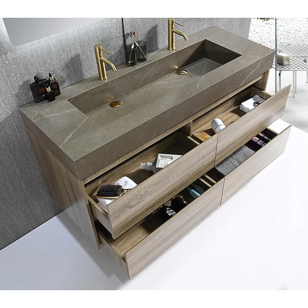 Ensemble Meuble De Salle De Bains|Luxury Bain Meuble salle de bain double vasque 140cm bois et effet marbre marron avec miroir LED LB-8476M-140