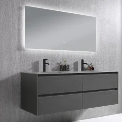 Ensemble Meuble De Salle De Bains|Luxury Bain Meuble salle de bain double vasque 140cm gris et effet marbre gris avec miroir LED LB-8475G-140