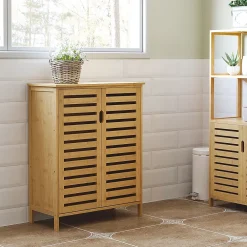 Meuble Wc|ProximaX Meuble salle de bain en bambou naturel, meuble d'appoint 2 portes à lattes avec 2 étagères, rangement salon ou salle de bain