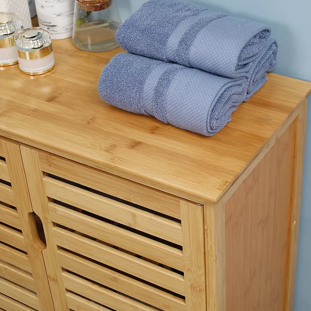 Meuble Wc|ProximaX Meuble salle de bain en bambou naturel, meuble d'appoint 2 portes à lattes avec 2 étagères, rangement salon ou salle de bain
