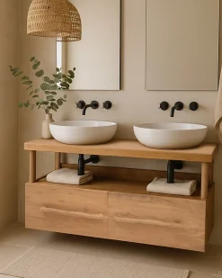 Meuble Sous-Vasque|Uniqka Meuble salle de bain en teck avec étagère en verre 140 cm -