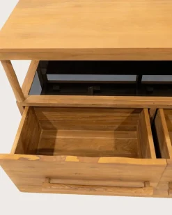Meuble Sous-Vasque|Uniqka Meuble salle de bain en teck avec étagère en verre 140 cm -