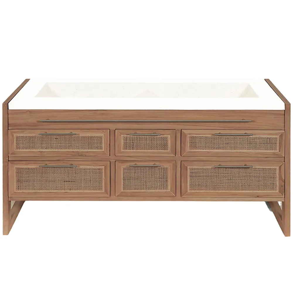 Meuble Sous-Vasque|Uniqka Meuble salle de bain en teck et terazzo beige 145 cm -