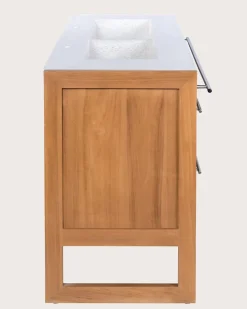 Meuble Sous-Vasque|Uniqka Meuble salle de bain en teck et terazzo beige 145 cm -