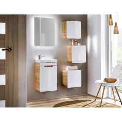 Armoire De Salle De Bains|Meublorama Meuble salle de bain ERBANO Chene clair et blanc brillant 35x35 cm 1 porte Meuble suspendu