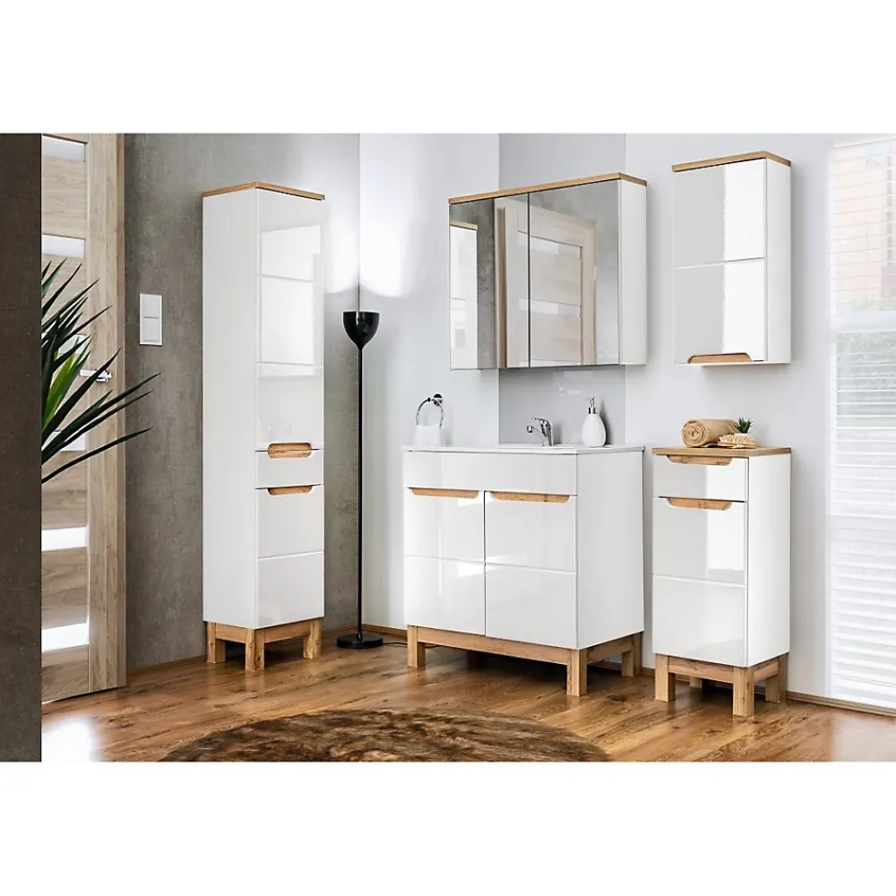 Armoire De Salle De Bains|Meublorama Meuble salle de bain ERMANO Chene clair et blanc brillant 35x70 cm 1 porte Meuble suspendu