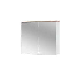 Meublorama Meuble salle de bain ERMANO Chene clair et blanc brillant 80x70 cm 2 portes miroir Meuble suspendu