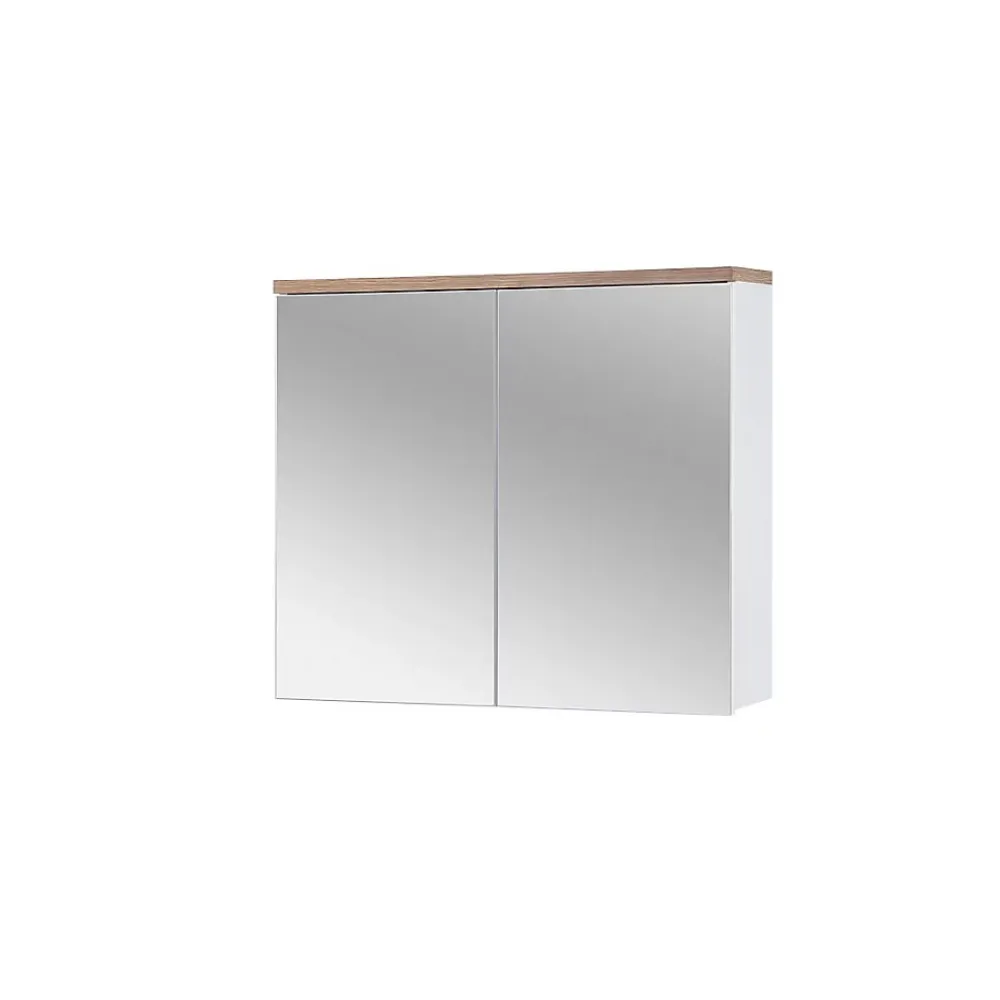 Meublorama Meuble salle de bain ERMANO Chene clair et blanc brillant 80x70 cm 2 portes miroir Meuble suspendu