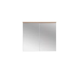 Meublorama Meuble salle de bain ERMANO Chene clair et blanc brillant 80x70 cm 2 portes miroir Meuble suspendu