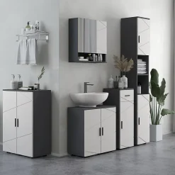 ProximaX Meuble salle de bain gris à double porte avec étagères réglables, meuble d'appoint et rangement pour salon, 60x30x82 cm