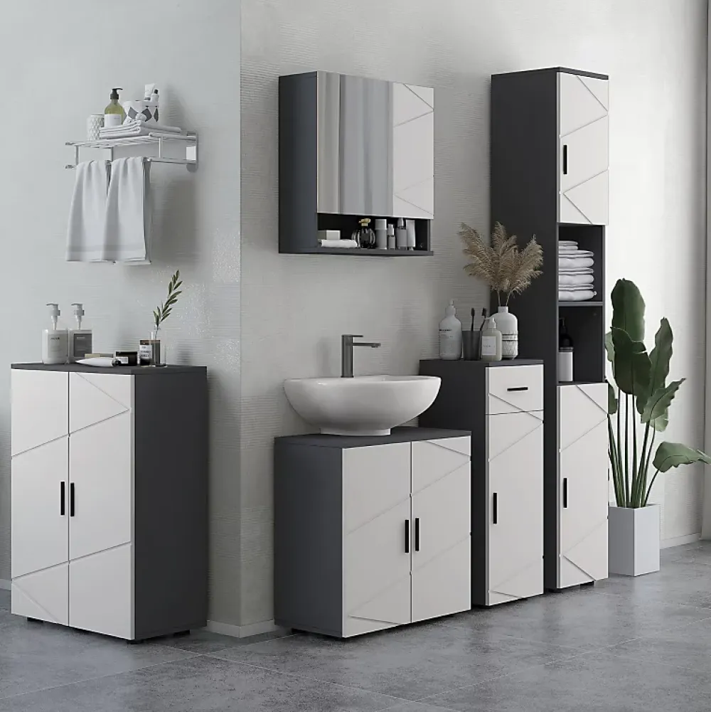 ProximaX Meuble salle de bain gris à double porte avec étagères réglables, meuble d'appoint et rangement pour salon, 60x30x82 cm