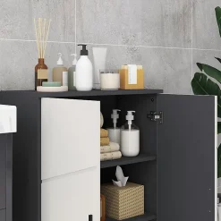 ProximaX Meuble salle de bain gris à double porte avec étagères réglables, meuble d'appoint et rangement pour salon, 60x30x82 cm