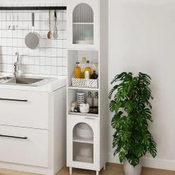 Colonne De Salle De Bains|Giantex Meuble Salle de Bain Haut avec 2 Placards à Porte Verre, 2 Compartiments Ouverts, Pieds Surélevés,35x30x180 CM