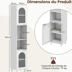 Colonne De Salle De Bains|Giantex Meuble Salle de Bain Haut avec 2 Placards à Porte Verre, 2 Compartiments Ouverts, Pieds Surélevés,35x30x180 CM