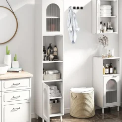 Colonne De Salle De Bains|Giantex Meuble Salle de Bain Haut avec 2 Placards à Porte Verre, 2 Compartiments Ouverts, Pieds Surélevés,35x30x180 CM