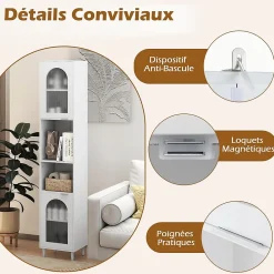 Colonne De Salle De Bains|Giantex Meuble Salle de Bain Haut avec 2 Placards à Porte Verre, 2 Compartiments Ouverts, Pieds Surélevés,35x30x180 CM
