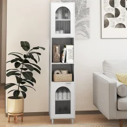 Colonne De Salle De Bains|Giantex Meuble Salle de Bain Haut avec 2 Placards à Porte Verre, 2 Compartiments Ouverts, Pieds Surélevés,35x30x180 CM