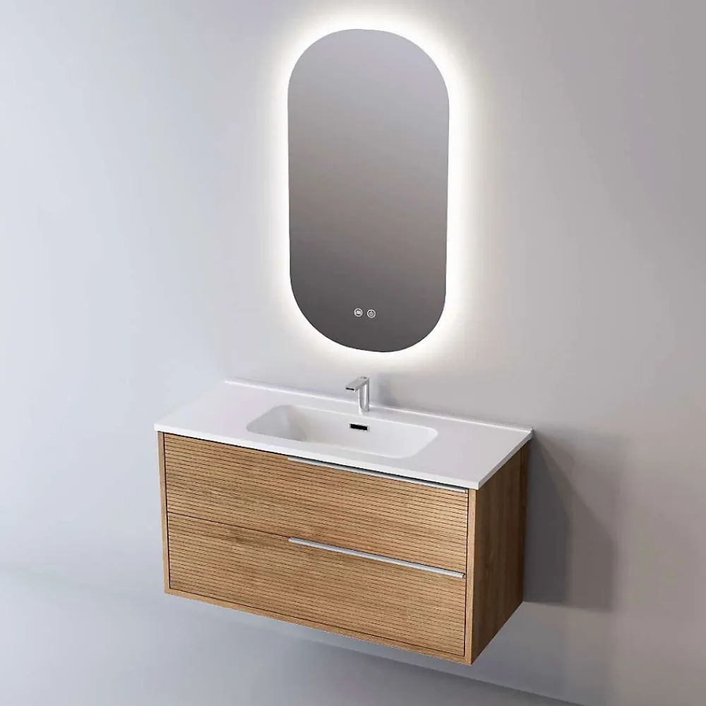 Sanizéo Meuble Salle de Bain LISTELLO 81 cm x H54 x P45 cm, Plan Vasque Cérame, 2 Tiroirs Impression 3D Poignée Inox, Chêne Clair