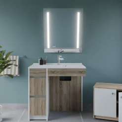 Cuisibane Meuble salle de bain PMR ANDY PLUS 90 cm bois et blanc + miroir Rota Plus